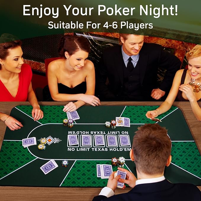 CONTINUE Upgraded Waterproof Poker Mat for 6 Players - Texas Hold'em & Blackjack - Anti-Slip Rubber Table Top Layout with Carrying Bag (47 x 24)