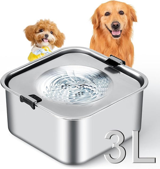 3L/101oz No Spill Dog Water Bowl, Slow Drinking Travel Dog Bowl Spill Proof, Stainless Steel Slobber Stopper for Messy Drinkers, Small Medium & Large Breeds, Square