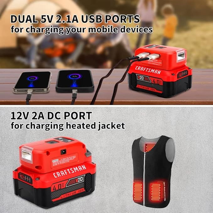 Battery Adapter Charger for Craftsman V20 Li-ion Battery, Power Source with 3W 140LM LED Light, 2 USB Ports, 12V DC Port Flashlight Worklight Outdoor Camping Lantern Light
