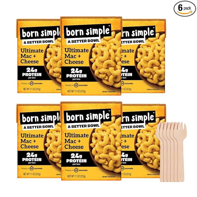 Born Simple Ready to Eat Meals with Sporks, Ultimate Mac and Cheese, Improved Recipe - 24g Protein, Prepared Meal, Microwavable Entree, 11 oz (Pack of 6)
