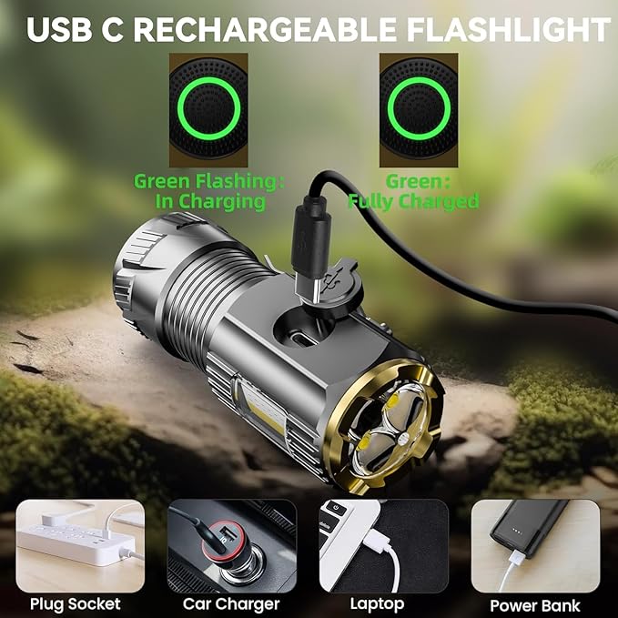 Rechargeable mini LED Flashlight, 9000 lumens Ultra Bright Small Flashlight, with Clip and Magnet, IPX6 Waterproof, 6 Modes, Suitable for Camping, Hiking, and Emergency situations (2-Piece Set)