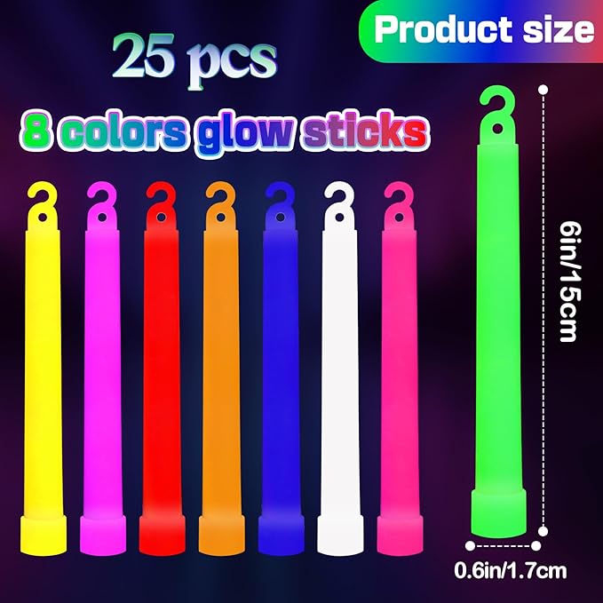 25 PCS Glow Sticks Bulk,6 Inch Glow in The Dark Sticks Party Supplies,Assorted Colors Party Light Sticks,Ultra Bright Glow Light Up Sticks for Kids and Adults Party Favors(8 Colors)