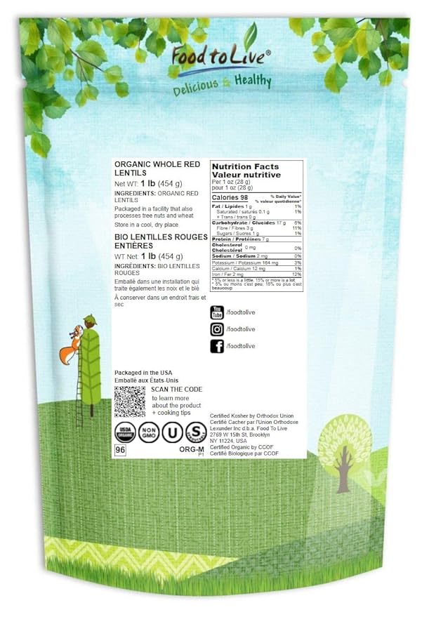 Food to Live Organic Whole Red Lentils, 1 Pound Non-GMO, Dry Raw Lentils, Sproutable, Vegan, Kosher, Bulk. Easy to Cook. Source of Folate, Fiber, and Protein. For Lentil Soup, Stews, Curry (Pack of 2)