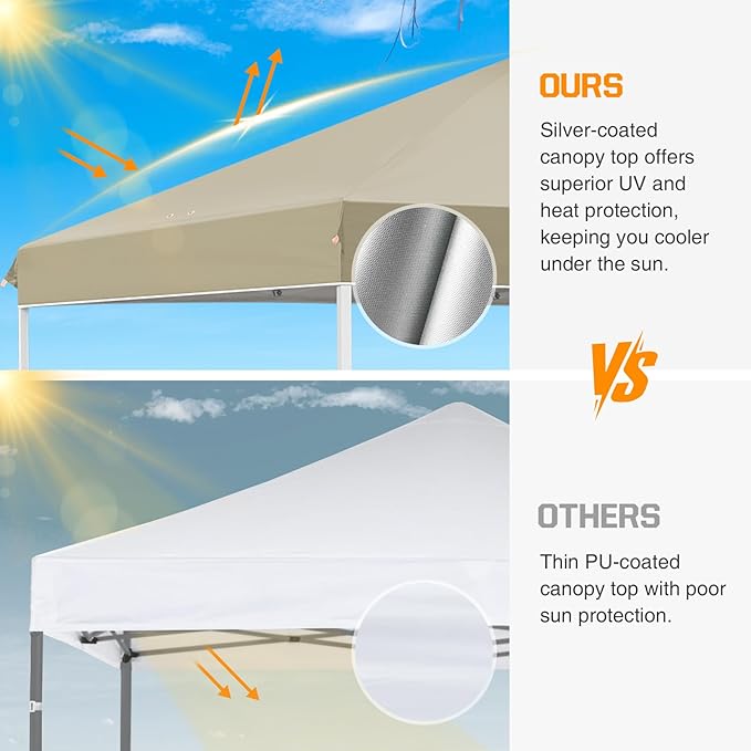 EAGLE PEAK Pop Up Canopy Tent with Wheeled Carry Bag, 8 Stakes, 4 Ropes, 4 Weight Bags, Easy Set Up Tent Canopy, 10x10 ft, 100sqft of Shade, Light Beige