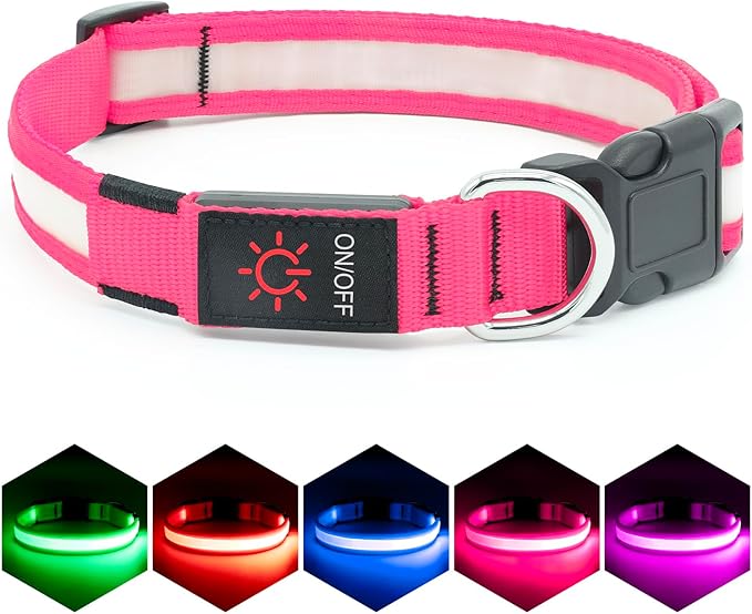 Vizpet LED Dog Collar, Light Up Dog Collar Adjustable USB Rechargeable Super Bright Safety Light Glowing Collars for Dogs (Large, Pink)