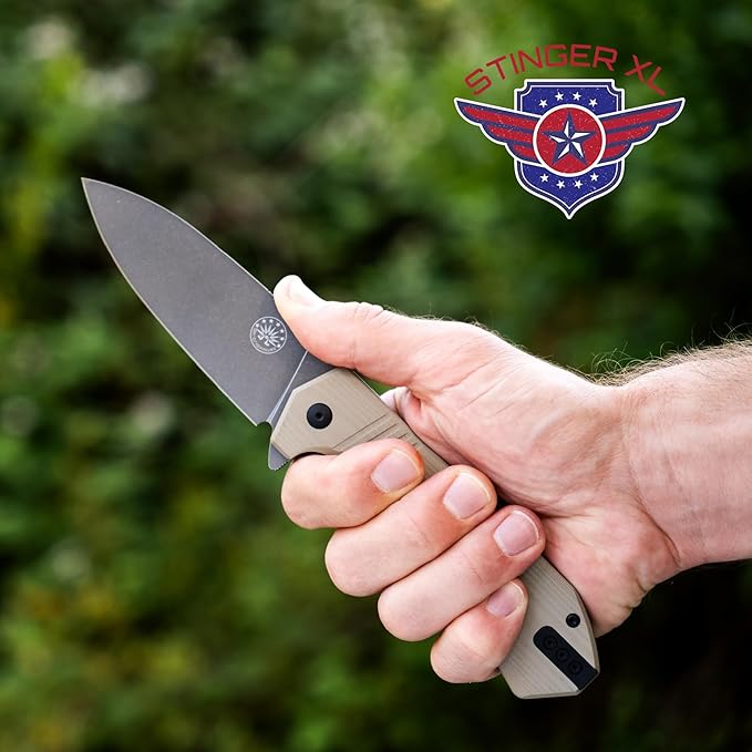 Off-Grid Knives - STINGER XL Folding Knife, 154CM Steel, Full Flat Grind, G10 Scales, Ceramic Bearings, Drop-Shut Action, Deep Pocket Clip, Left or Right Hand Carry, Camping & Tactical Use (Coyote)