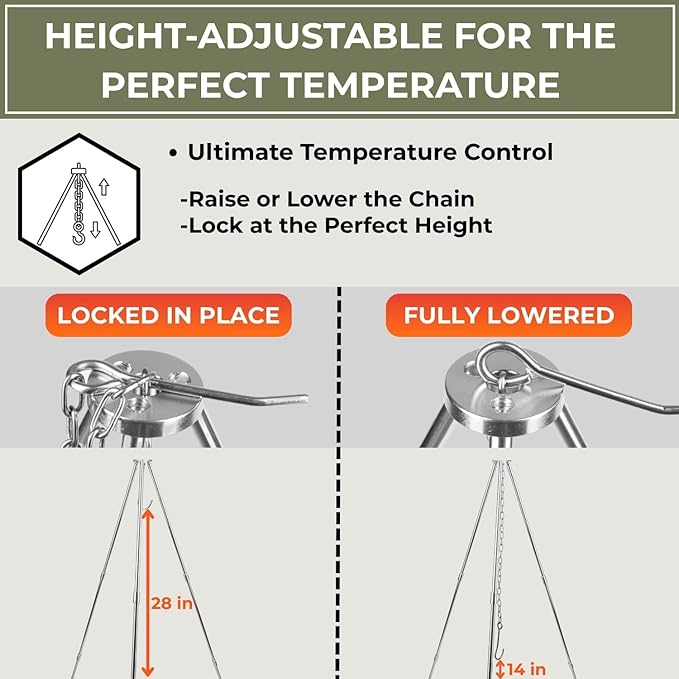 Tactiko Survival Campfire Cooking Tripod ??33" Stainless Steel Folding Stand with Adjustable Chain ??Compact & Lightweight Outdoor Gear for Hanging Kettles, Pots & Percolators ??Carry Bag Included