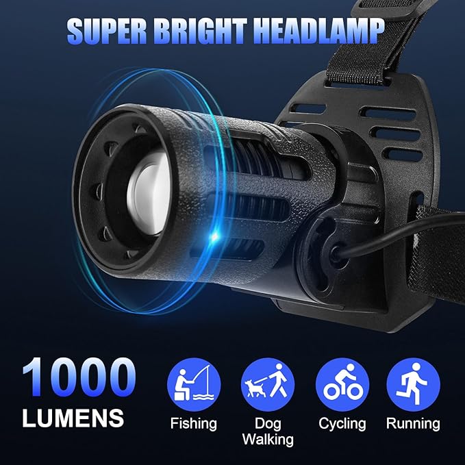 Head Lamps Led Rechargeable, Multi-Color Lights, Wave Induction, Zoom Function, Black,Flashlight for Camping Fishing Hiking Gear