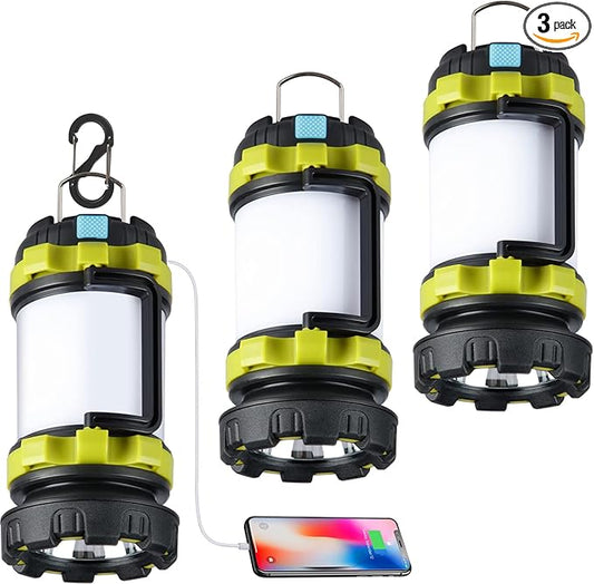 3 Pack Camping Lantern, Outdoor LED Camping Light, Rechargeable Flashlights with 1000LM, 6 Modes, 4000mAh Power Bank, IPX5 Waterproof Portable Emergency Camp Light for Hurricane Hiking - Green
