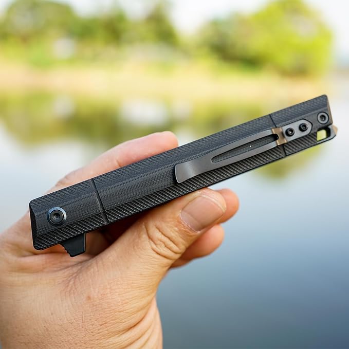 Flipper Pocket Folding Knife,DC53 Steel Blade and G10 Handle. With pocket clip and glass breaker,men's pocket knife hiking trip EDC tool Knife (Black PVD Blade)