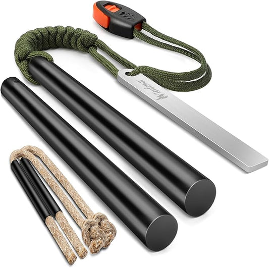 Ferro Rod Fire Starter Kit – Two 5" Flint and Steel with Two Waxed Tinder Cord & Paracord for Camping, Hiking, Outdoor Survival, Emergency Preparedness