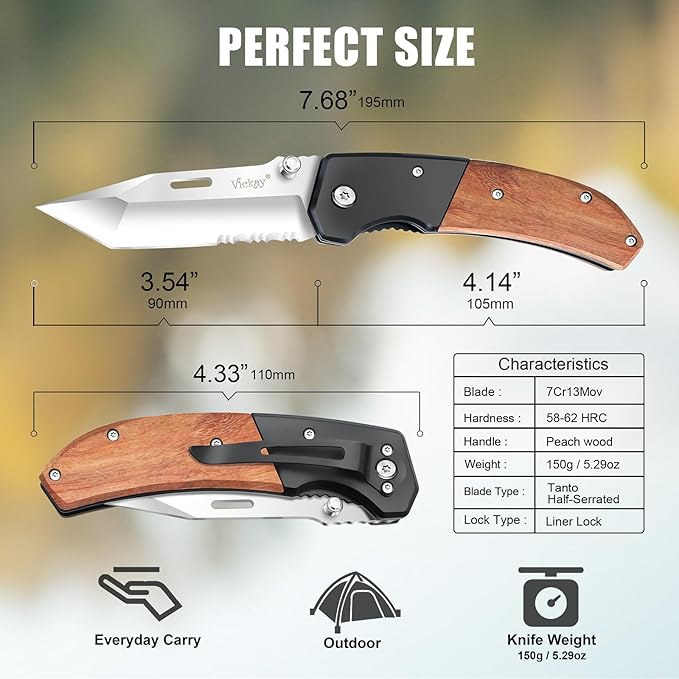Vickay Pocket Knife, Folding Knife with Clip - 3.54″ Tanto Serrated Blade, Wood Handle EDC Knife for Men & Women, Outdoor Camping, Tactical, Hiking, Survival - Father’s Day Gift (Satin Silver)