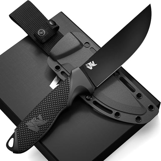 W-FLAT Full Tang Survival Knife with Sheath - Stylish Tactical Fixed Blade - Made of D2 Steel - Bushcraft and Camping Knife Survival - Perfect EDC Hunting Knife with TPE Handle