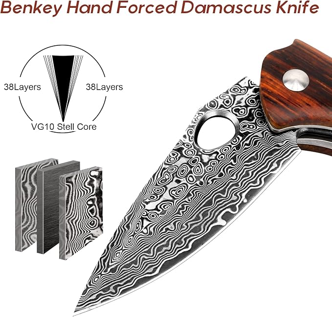 Benkey Damascus Folding Knife, Sharp VG10 Core Damascus Steel Pocket Knives with Natural Wood Handle, Quality Leather Sheath, Ball Bearing, Liner Lock, Lightweight Pocket Knife for EDC Men Women