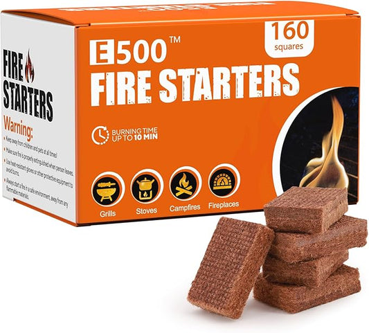 E500 Fire Starter for Campfires, Fireplace, Fire Pits, BBQ, Grills, Larger Charcoal Fire Starter Squares, 160-Count Firestarter