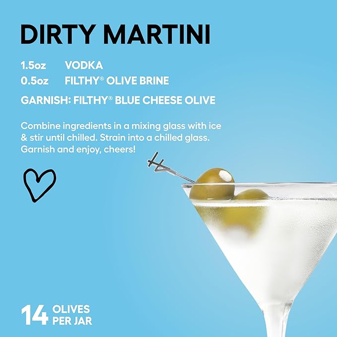 Filthy Blue Cheese Stuffed Olives, Premium Cocktail Garnish, Blue Cheese Stuffed Olives, Naturally Cured Queen Olives Stuffed With Real Wisconsin Blue Cheese for Martinis, 8.5 Oz Jar, 14 Olives