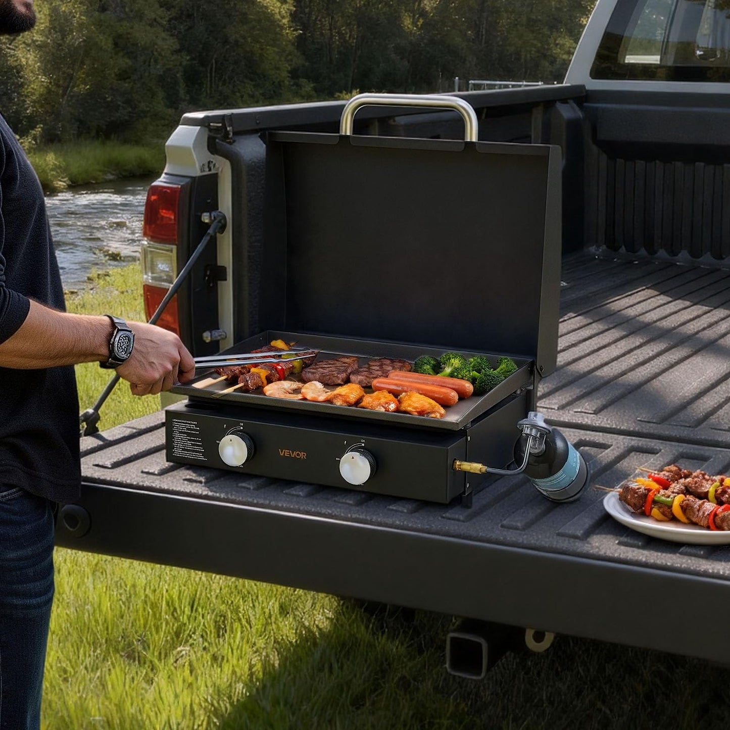 VEVOR Gas Griddle, 2 Burner Tabletop Griddle, 22 inch Portable Griddles Propane with Lid, Oil Drain