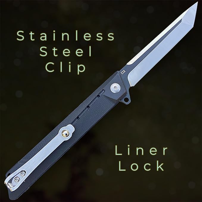 TACTICAL GEARZ Pocket Folding Knife for EDC, G10 Handle, D2 Steel Tanto Blade, Includes Sheath (Nyx Shadow)