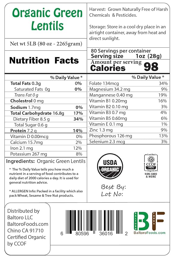Organic Green Lentils Whole Raw, High Fiber Non-GMO-Bulk (7LB)