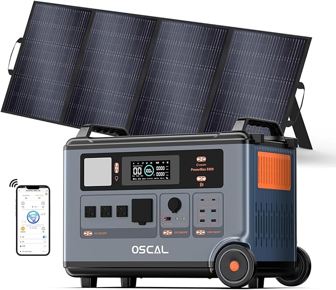 OSCAL Solar Generator 3600Wh PowerMax 6000 with 400W Portable Solar Panel, 120V/240V Power Station 6000W AC Outlets (7200W Peak), 2200W AC Charging/2400W Solar Charging, Home Camping Battery Backup