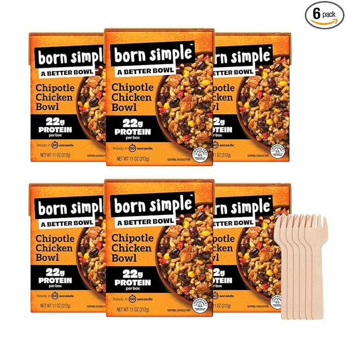 Born Simple Ready to Eat Meals with Sporks, Chipotle Chicken Bowl, Improved Recipe - 22g Protein, Prepared Meal, Microwavable Entree, 11 oz (Pack of 6)