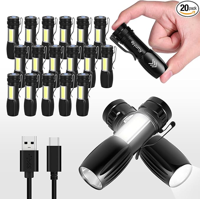 KunHe 20 Pack Small Rechargeable Flashlight Mini Led Flashlight Bright Clip-On Light Edc Flash Light with Side Cob Light for Camping Home Emergency