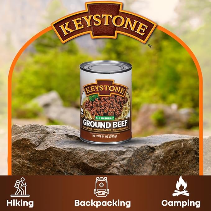 Keystone Meats All Natural Heat and Serve Ground Beef 14 Oz Fully Cooked Canned Meat Shelf Stable Emergency Survival Canned Food Ready to Eat No Preservatives Gluten Free Made in USA Pack of 2