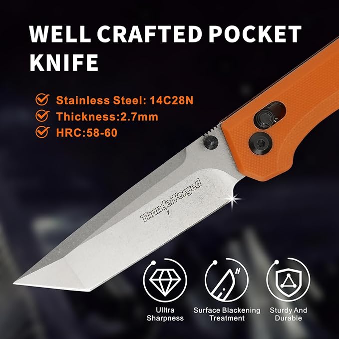 ThundeForged Camping Folding Knife - EDC Folding Knife with Crossbar Lock, 14C28N Steel Blade, Orange G10 Handle Lightweight Tactical Pocket Knife for Camping Outdoor Survival Hiking