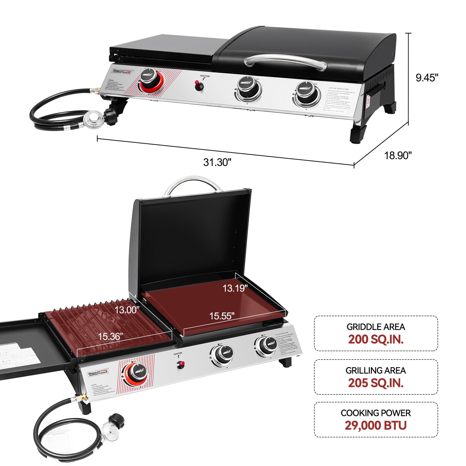 Royal Gourmet PD1305H 3-Burner Propane Gas Grill, Griddle Combo with Lid