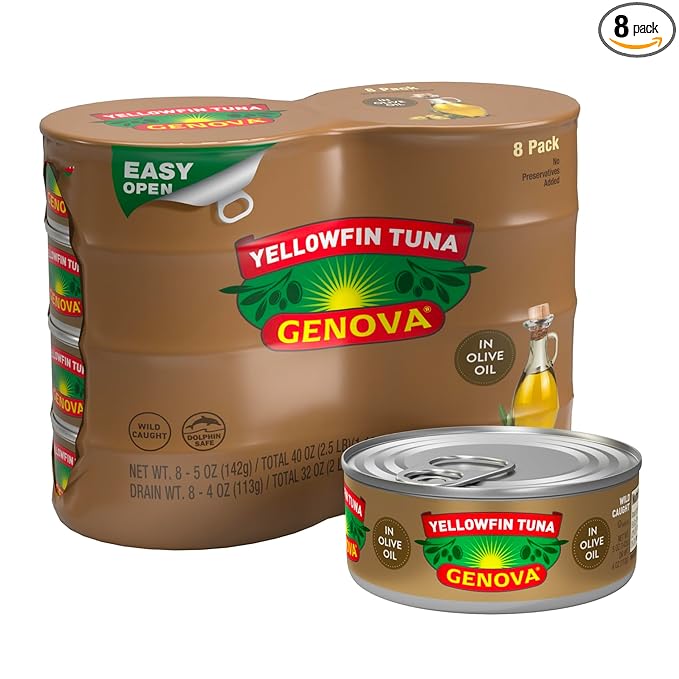 Genova Premium Yellowfin Tuna in Olive Oil, 5 Ounce Cans, 8-Pack ??Nutrient Rich, High Protein Canned Tuna Fish - Delicious, Easy, Nutritious Ready to Eat Meals