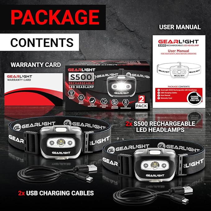 GearLight USB Rechargeable Headlamp Flashlight - S500 Running, Camping, and Outdoor LED Headlight Camping Headlamps - Head Lamp Light for Adults, Kids, Emergency Gear - Black - 2 Pack, Rechargeable