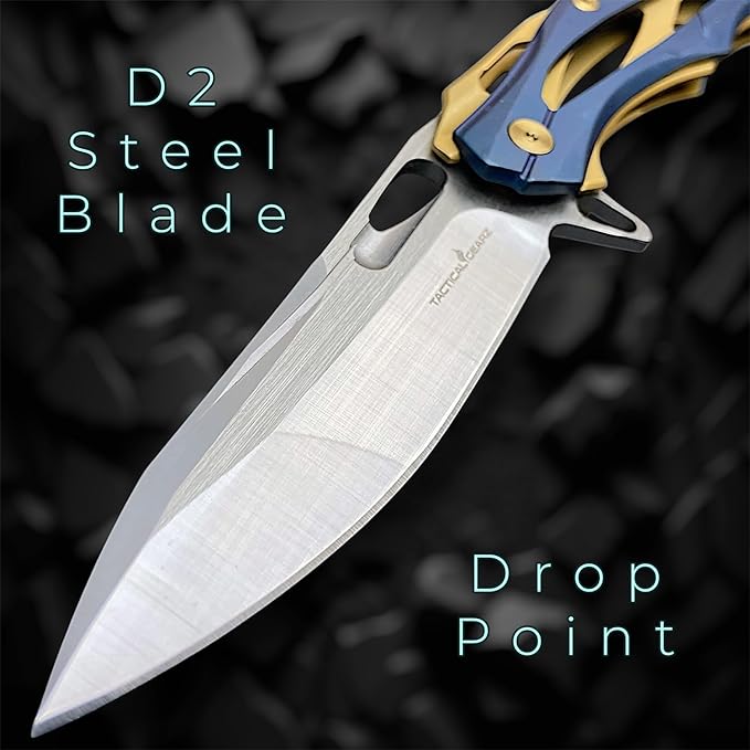 TACTICAL GEARZ Stainless Steel Pocket Knife, Stainless Steel Handle, D2 Steel Drop Point Blade, Ball Bearing Pivot! (Kronus Blue/Gold)