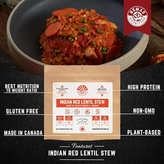 Nomad Nutrition ??Indian Red Lentil Stew | High Energy, All Natural Ingredients | Plant-Based & Non-GMO| Just Add Boiling Hot Water | 112g / 4oz (Pack of 1)