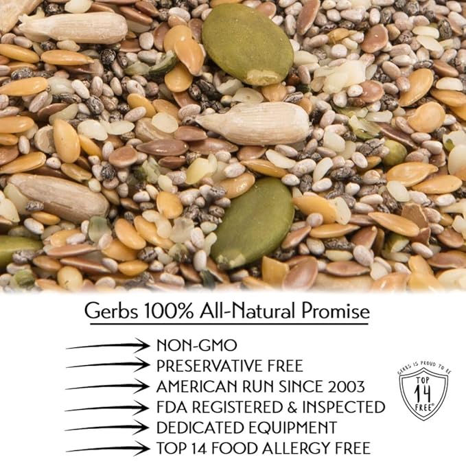 GERBS Raw Super 7 Seed Snack Trail Mix 1 LBS. | Top 14 Food Allergy Free | Resealable Bulk Bag | Made in USA | Raw Pumpkin | Sunflower | Brown & Golden Flax | Black & White Chia | Hemp | Gluten Free