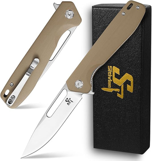 Sitivien ST801 Folding Knife,8Cr18Mov Steel Blade with G10 Handle Pocket Knife EDC Tool Knife for Outdoor Survival, Camping, Hiking,Hunting(Desert) …