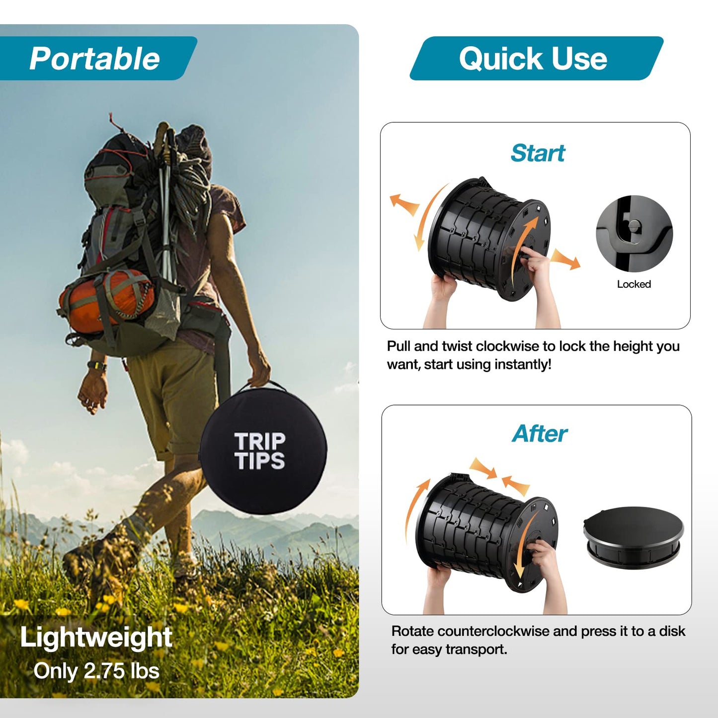 TRIPTIPS Upgrade Retractable Portable Toilet Travel Toilet Adjustable Height Camping Toilet