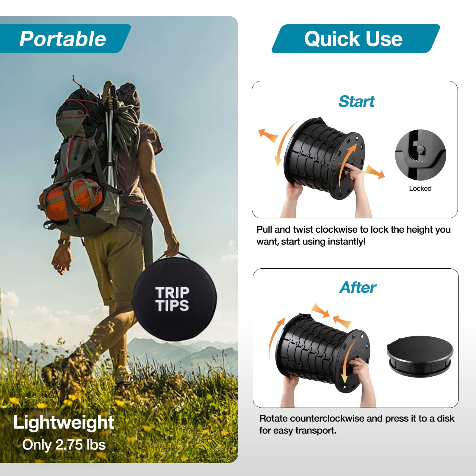 TRIPTIPS Upgrade Retractable Portable Toilet Travel Toilet Adjustable Height Camping Toilet
