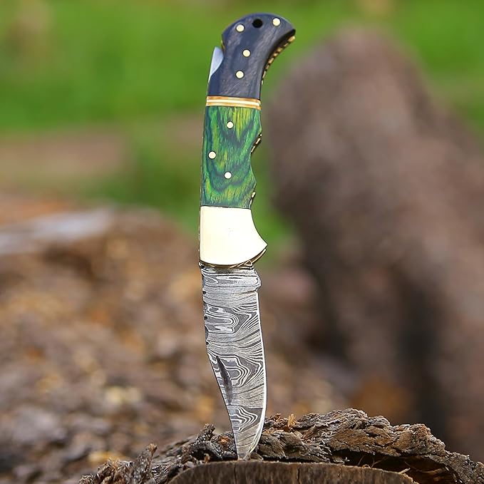 6.5 inch Damascus Pocket Knife with Sheath, Handmade Folding Pocket Knife for Men, Black-Red Wooden Handle with Brass Bolster, Secure Lock Back Camping Knife for EDC,Hunting,Hiking (Green)