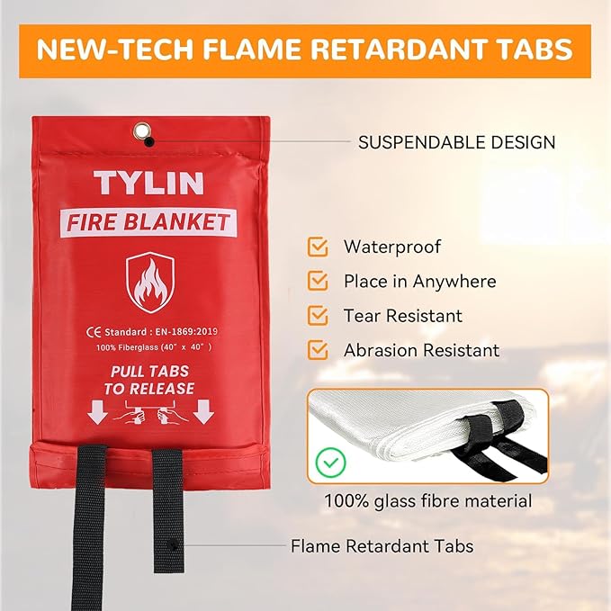 TYLIN Emergency Fire Blanket for Home & Kitchen 40??x 40??- 2 Pack, High Heat Resistant Fire Suppression Blankets for Home Safety, Kitchen, and Camping Fiberglass Welding (2)