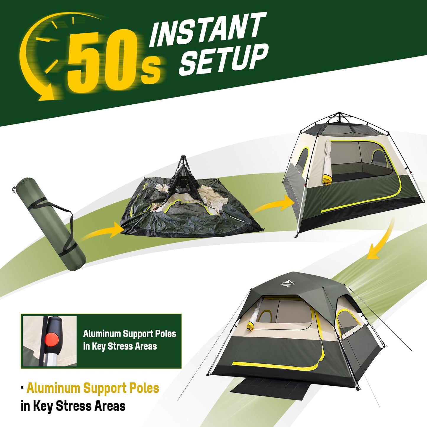 4 Person Instant Tents for Camping Setup in 50s, Cabin Tent with Rainfly