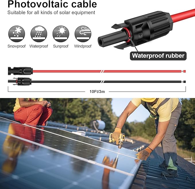 iGreely 10 Feet 12 AWG Solar Extension Cable with Solar Panel Female and Male Connector Solar Panel Adapter 12 Gauge (10FT Red + 10FT Black)