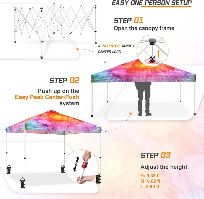EAGLE PEAK Pop Up Canopy Tent with Wheeled Carry Bag, 8 Stakes, 4 Ropes, 4 Weight Bags, Easy Set Up Tent Canopy, 10x10 ft, 100sqft of Shade, Floral Tie Dye