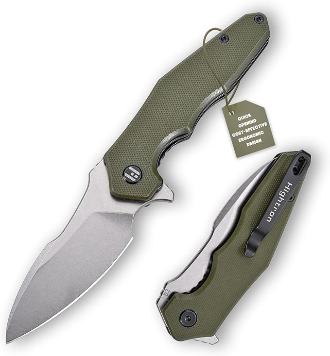 Hightron Mini Ventura EDC Pocket Knife, 2.85" Stonewashed D2 Steel Blade G10 Handle with Pocket Clip, Liner Lock Knife for EDC Camping Survival Hiking Unisex Green-W