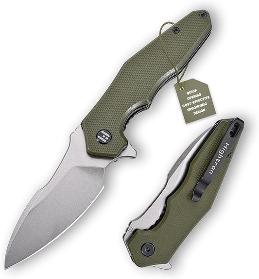 Hightron Mini Ventura EDC Pocket Knife, 2.85" Stonewashed D2 Steel Blade G10 Handle with Pocket Clip, Liner Lock Knife for EDC Camping Survival Hiking Unisex Green-W