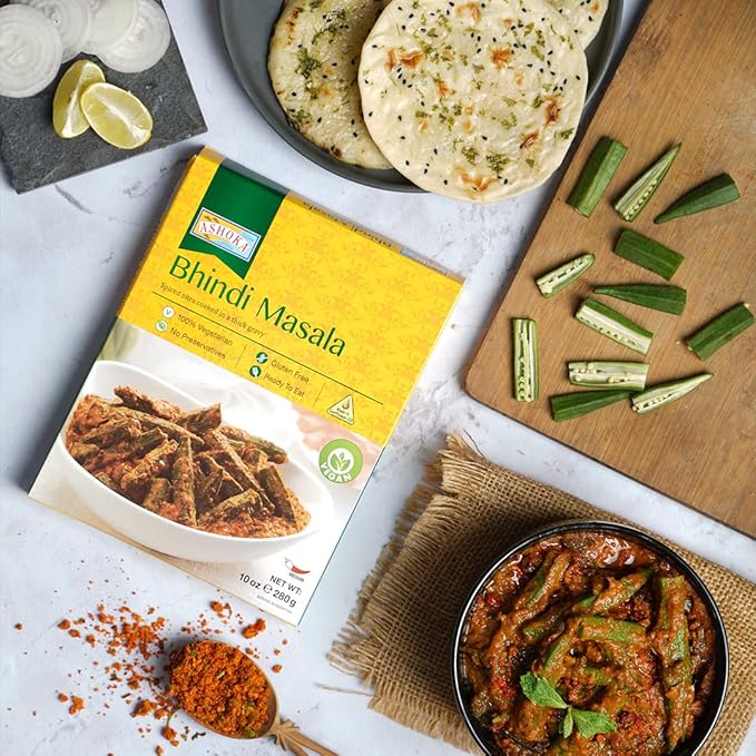 Ashoka Ready to Eat 1932, Vegan Spiced Orka, All-Natural Bhindi Masala, Real Indian Meals, Kosher Certified, Great for Offices, Healthy Work Lunch, Gluten-Free, and with No Preservatives, Pack of 1