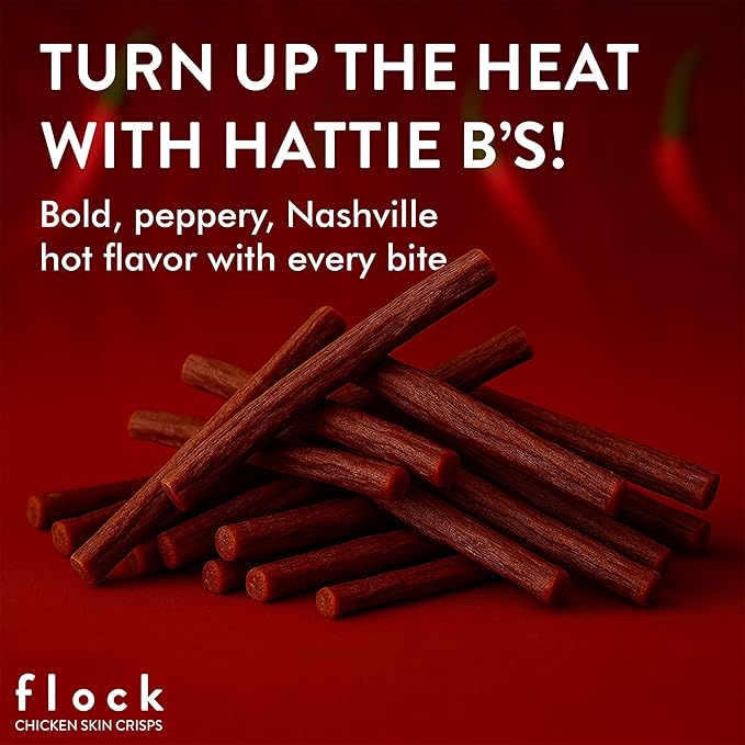Flock Air Dried Chicken Breast Meat Sticks, High Protein Chicken Jerky Snacks, Healthy Chicken Snack Sticks for People, Hattie B's Hot Nashville Flavor, 32g Protein per Bag, 2.12 oz, 4 Pack