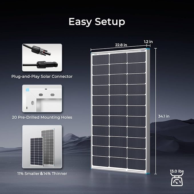 100W Solar Panel N-Type 16BB, 12V RV Solar Panel 100 Watt, 25% High Efficiency, Monocrystalline PV Module Solar Charger for Roof Boat Camping Van Trailer Cabin Off-Grid Applications