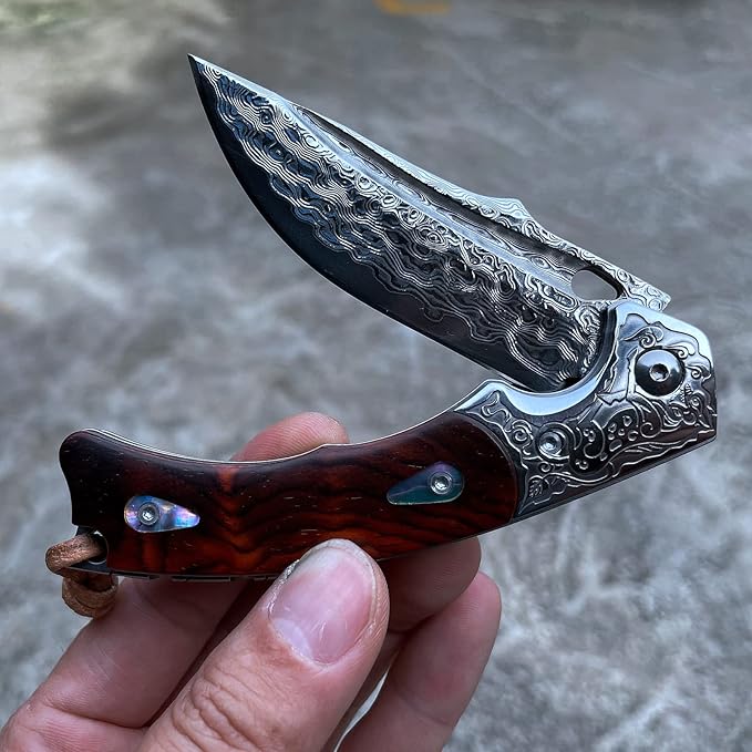 Handmade knife Japanese VG10 Damascus Steel Folding Knife,Rosewood Liner Lock Handle,EDC Pocket Knives for Men Outdoors Camping Fishing