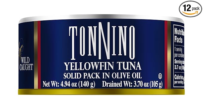 Tonnino Tuna Fish Yellowfin Pole&Line ??Solid Pack in Olive Oil ??Pack of 12 ??Alternative to Salmon ??Protein Snacks ??Ready to Eat Meals in Can