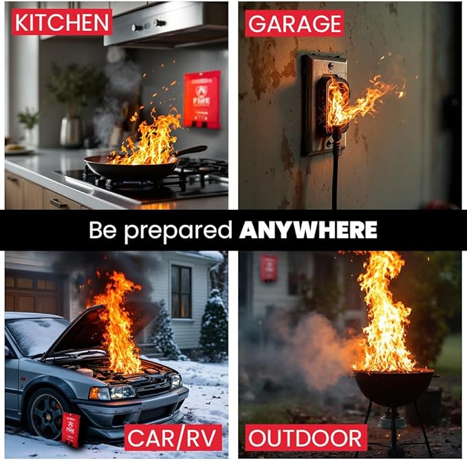 Rescue+ Emergency Fire Blanket for Home, Kitchen, Workplace & Travel, 40??x 40??Fiberglass Flame Retardant Safety Blanket, Fire Suppression for House, Camping, Car Emergencies - Pack of 4